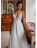 V Neck Beaded Ivory Lace Tulle Sparkling Wedding Dress